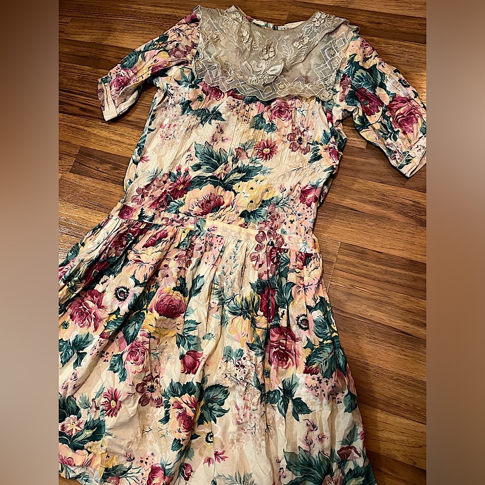 Vintage 70’s Floral Dress Vintage 70s Lace Dress Vintage Drop Waist Dress Cotton - Picture 1 of 15